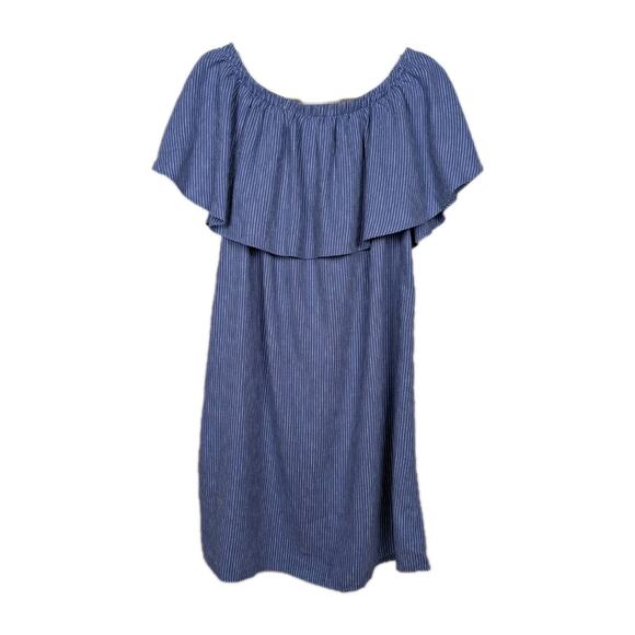 OLD NAVY Blue Stripe Off the Shoulder Ruffle Top Shift Dress Women's Medium - Picture 3 of 5